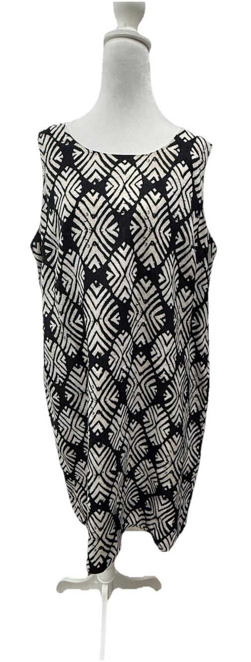 J Jill Linen Shift Dress Women’s 16 Black White Tribal Leaf Sleeves Zip Coastal
